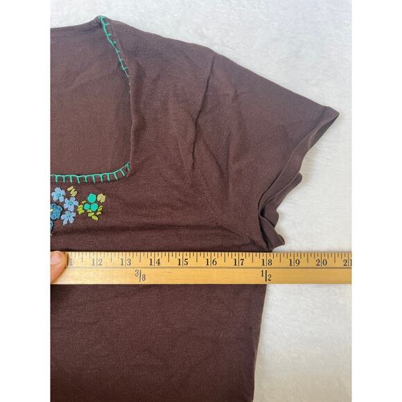 August Silk Brown Embroidered Short Sleeve Sweater Top Y2K sz XL Phoebe Buffay - Picture 4 of 7